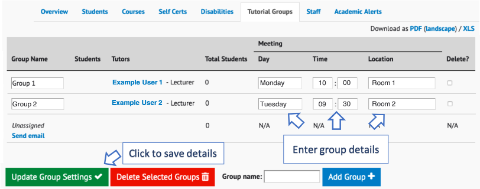A screenshot of the groups tab with the update button highlighted